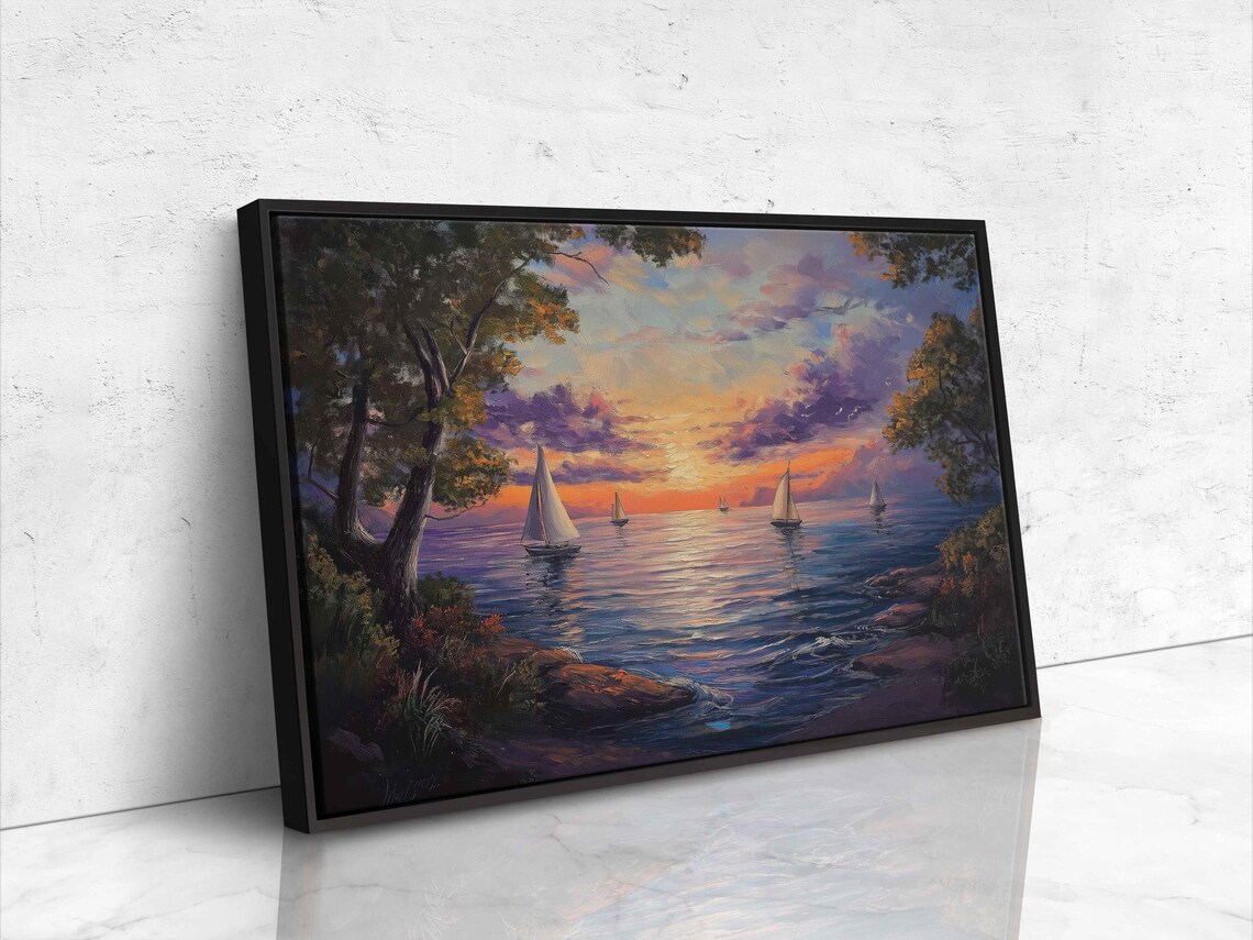Sailboats Gliding Sunset Water Violet Orange Sky Tree Lined Shore Scene Travel Poster - Image 4