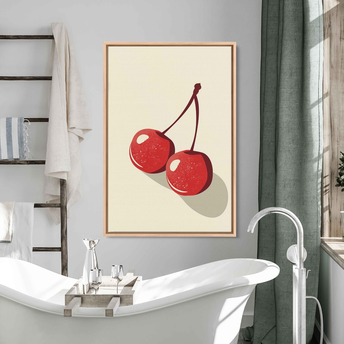 Pair Red Cherries Retro Fruit Art Cream Background Kitchen Wall Poster - Image 3