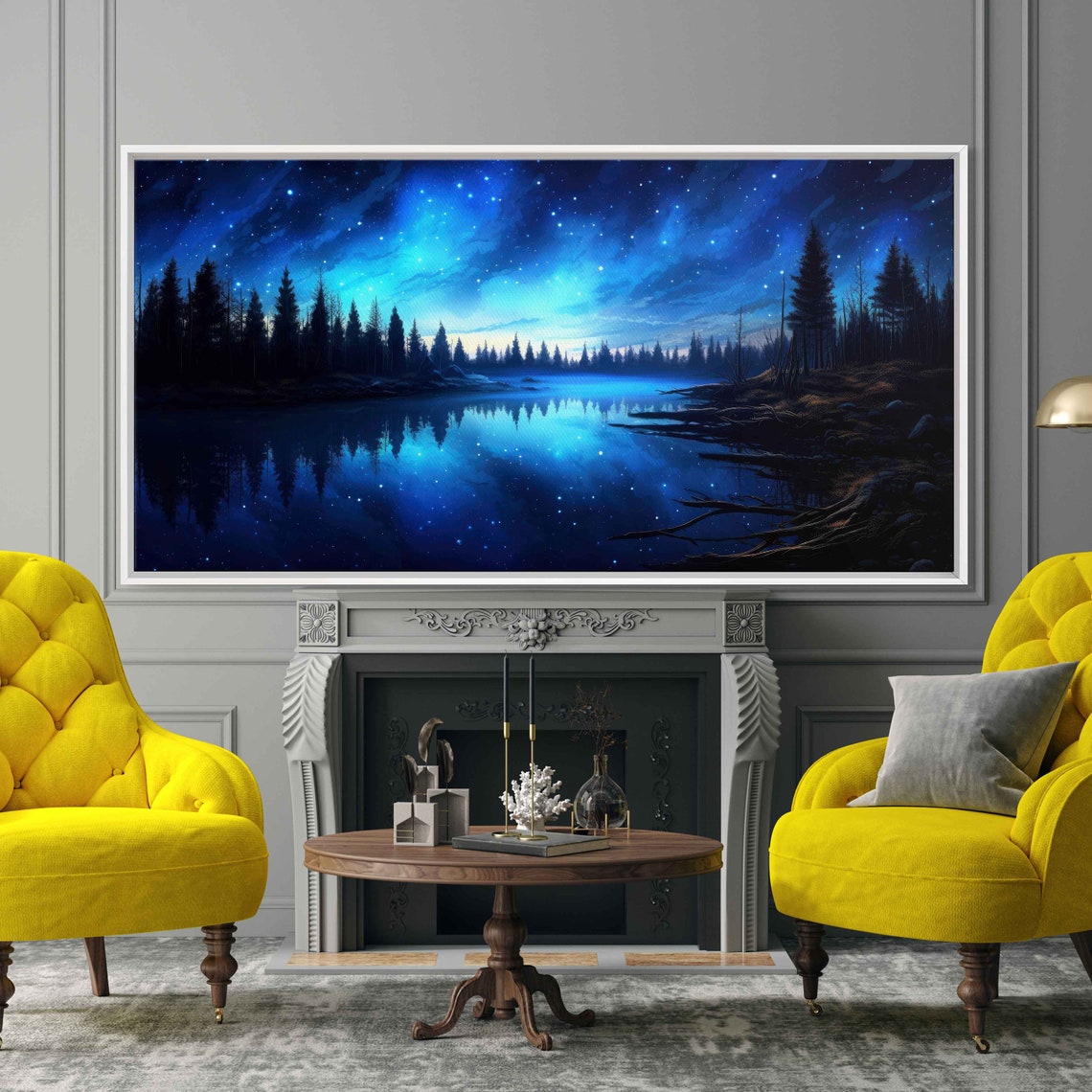 Glowing Night Sky Landscape Overlooking Woods Wall Art Print Peaceful Flowing River Celestial Reflection Ready To Hang - Image 2