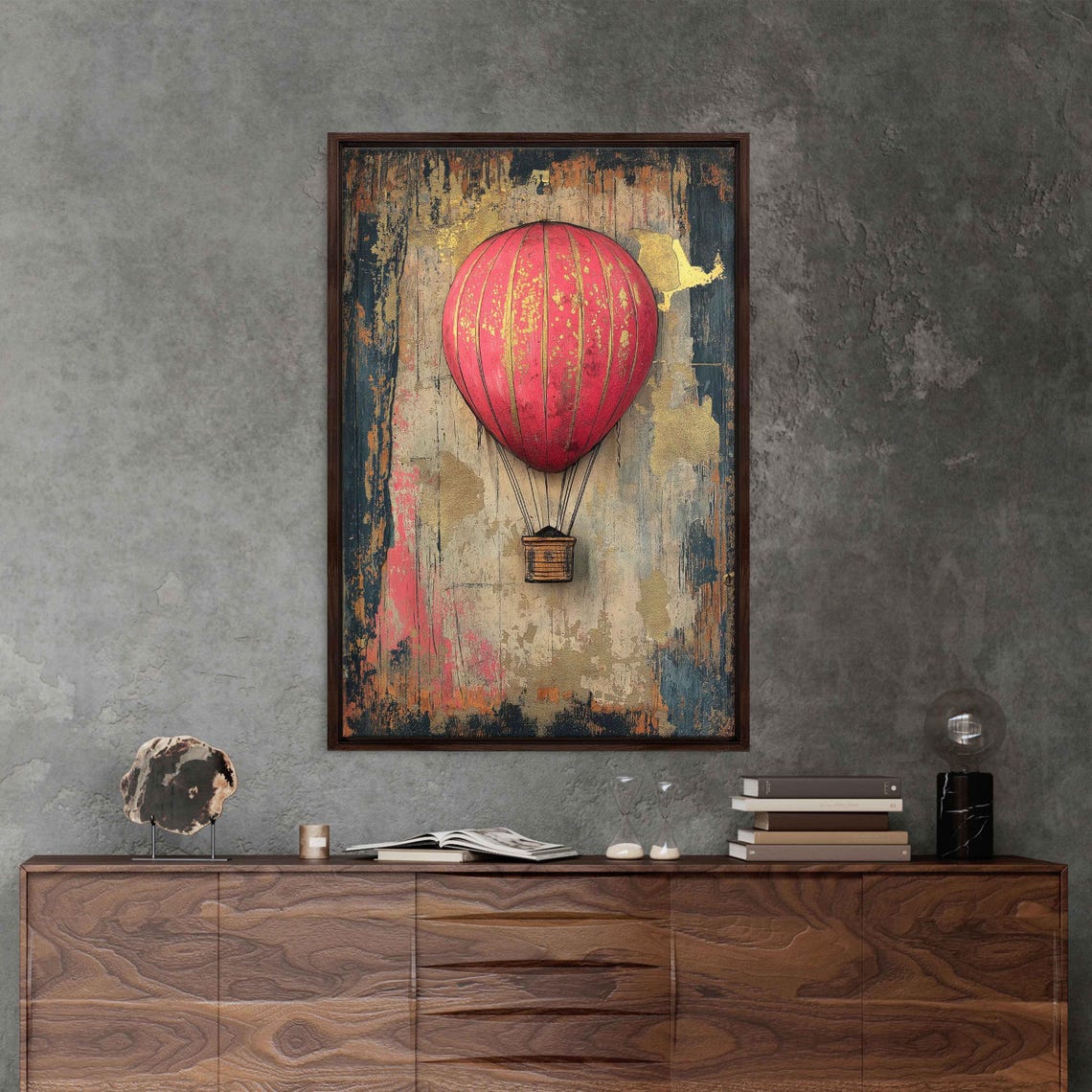 Whimsical Red Hot Air Balloon Gold Leaf Grunge Abstract Art Poster