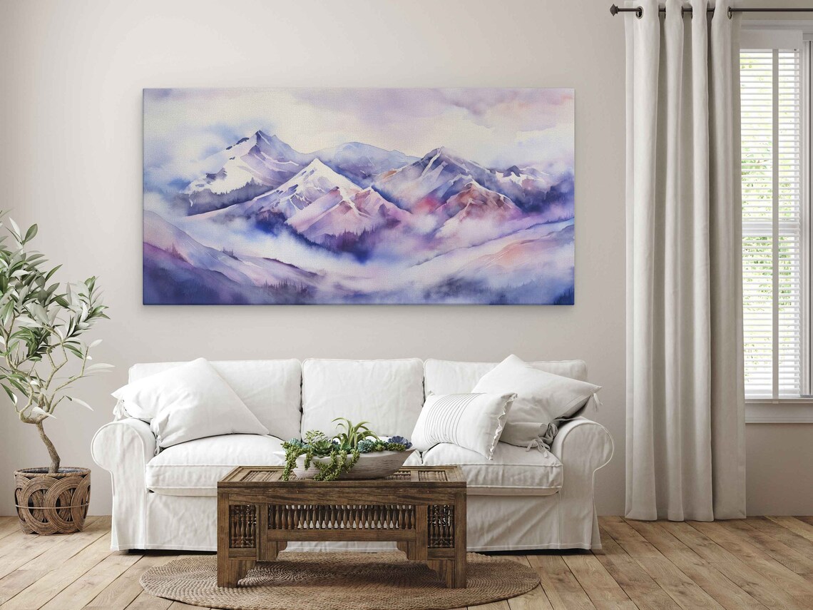 Purple Lavender Foggy Mountain Peaks Watercolor Landscape Poster - Image 3