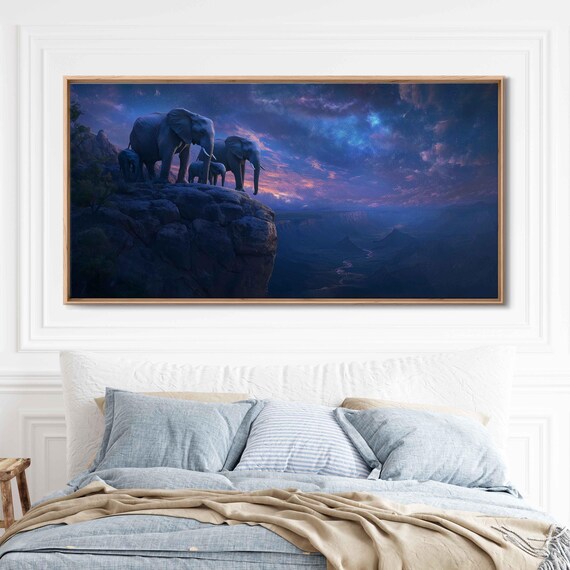 Elephant Family Rocky Cliff Twilight Panoramic Painting Starry Night Sky Majestic Poster