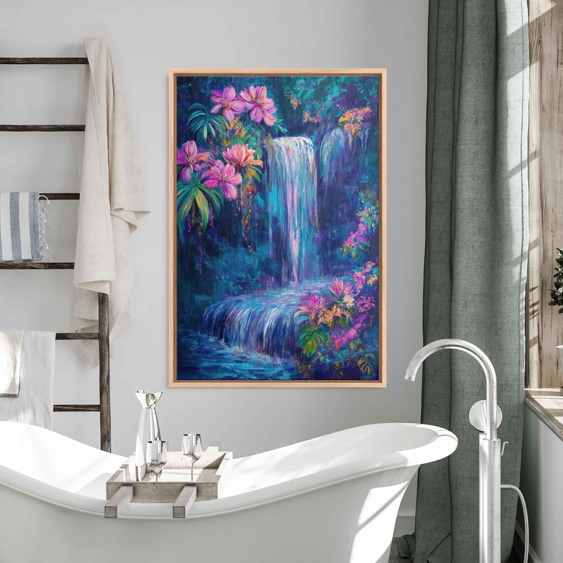Exotic Neon Flowers Cascading Down Waterfall Art Print - Image 3