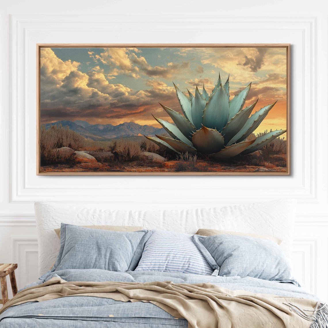 Desert Agave Plant At Sunset With Mountain Range Golden Sky Poster
