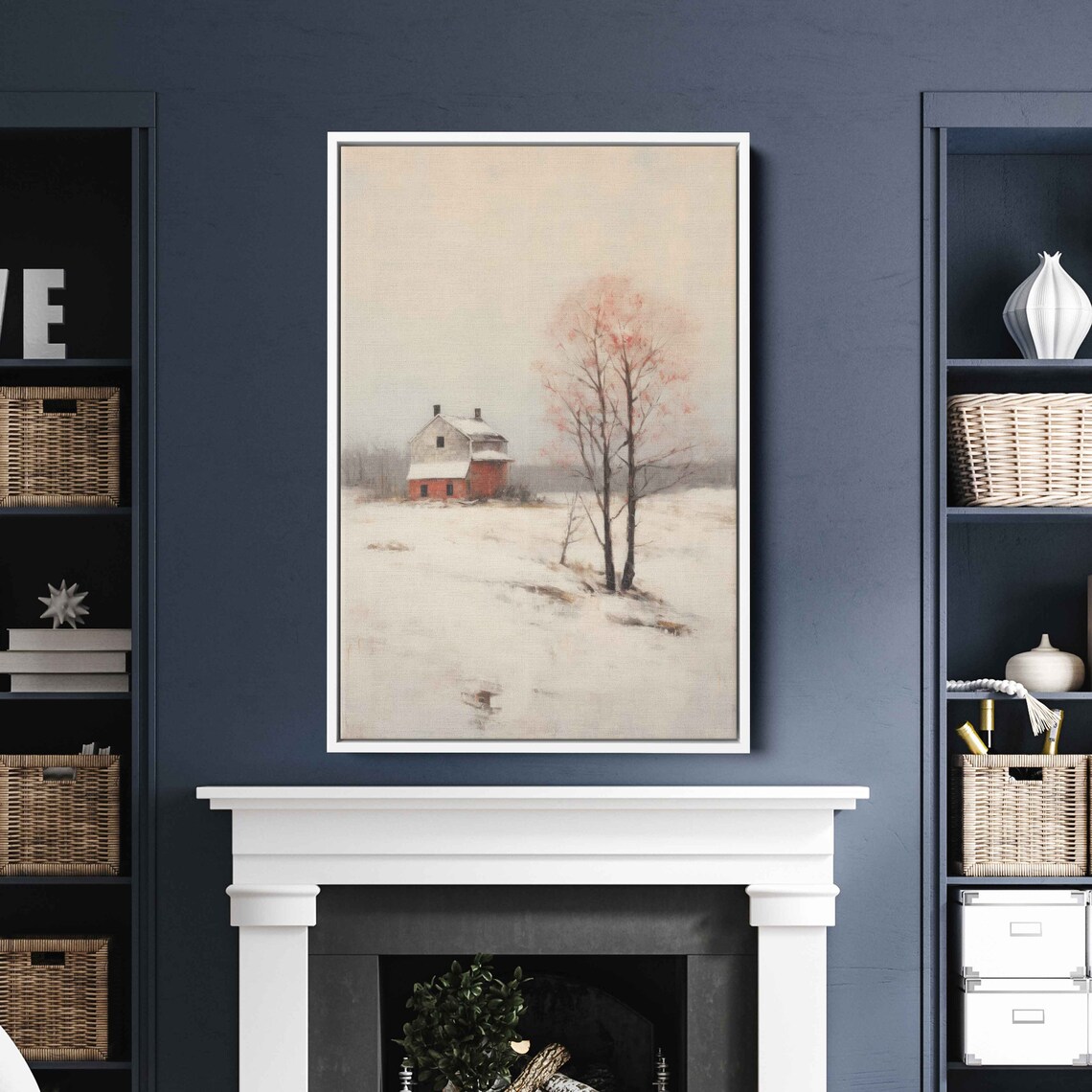 Snowy Winter Farmland Red Barn Minimalist Rural Landscape Snow Print