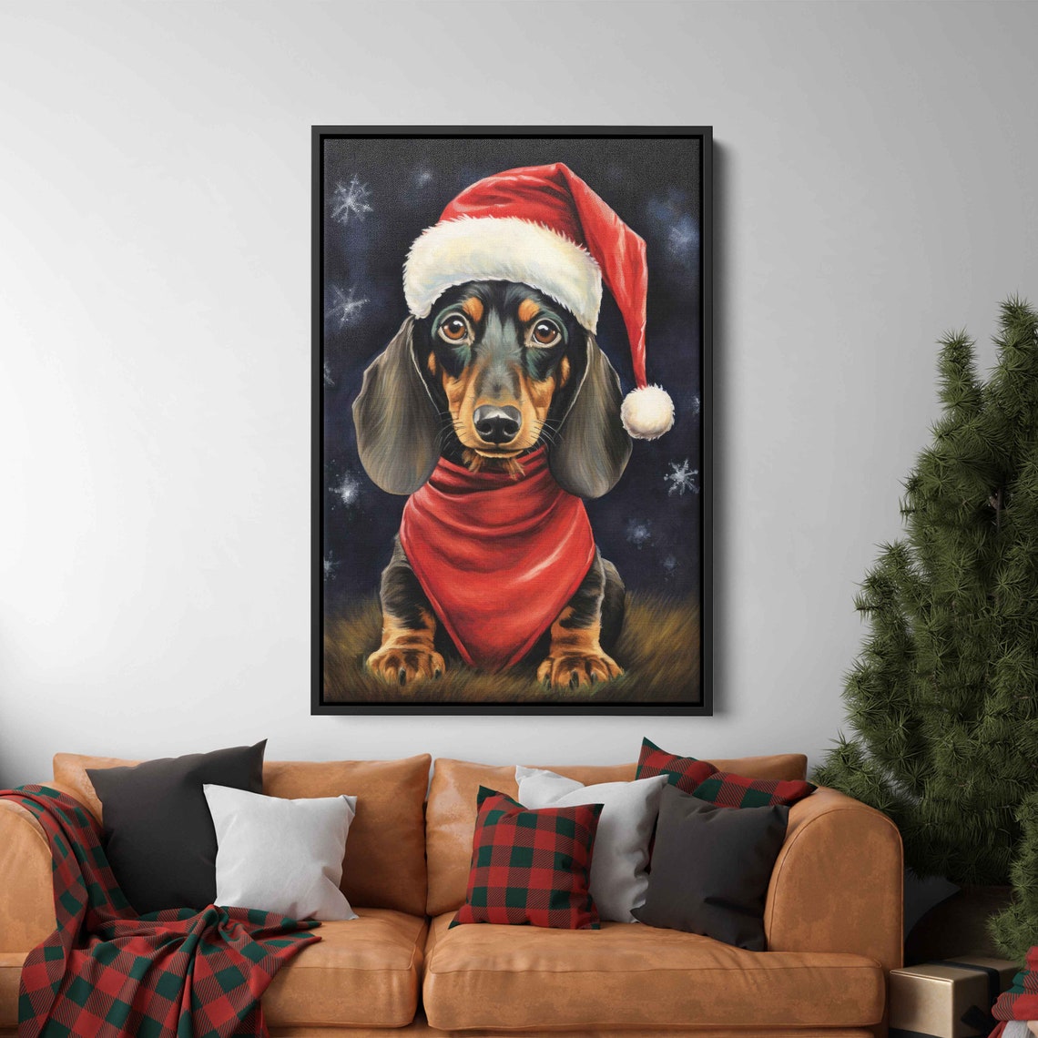 Dachshund Wearing Santa Hat Red Scarf Christmas Portrait Poster