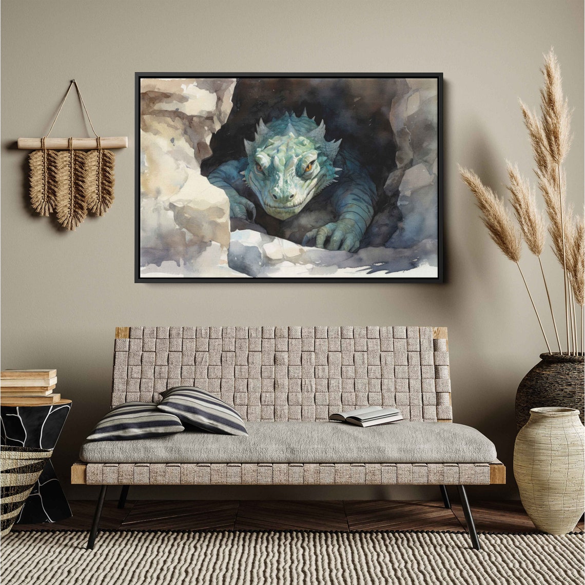 Basilisk Emerging From Cave Watercolor Mythical Serpent Dragon Print
