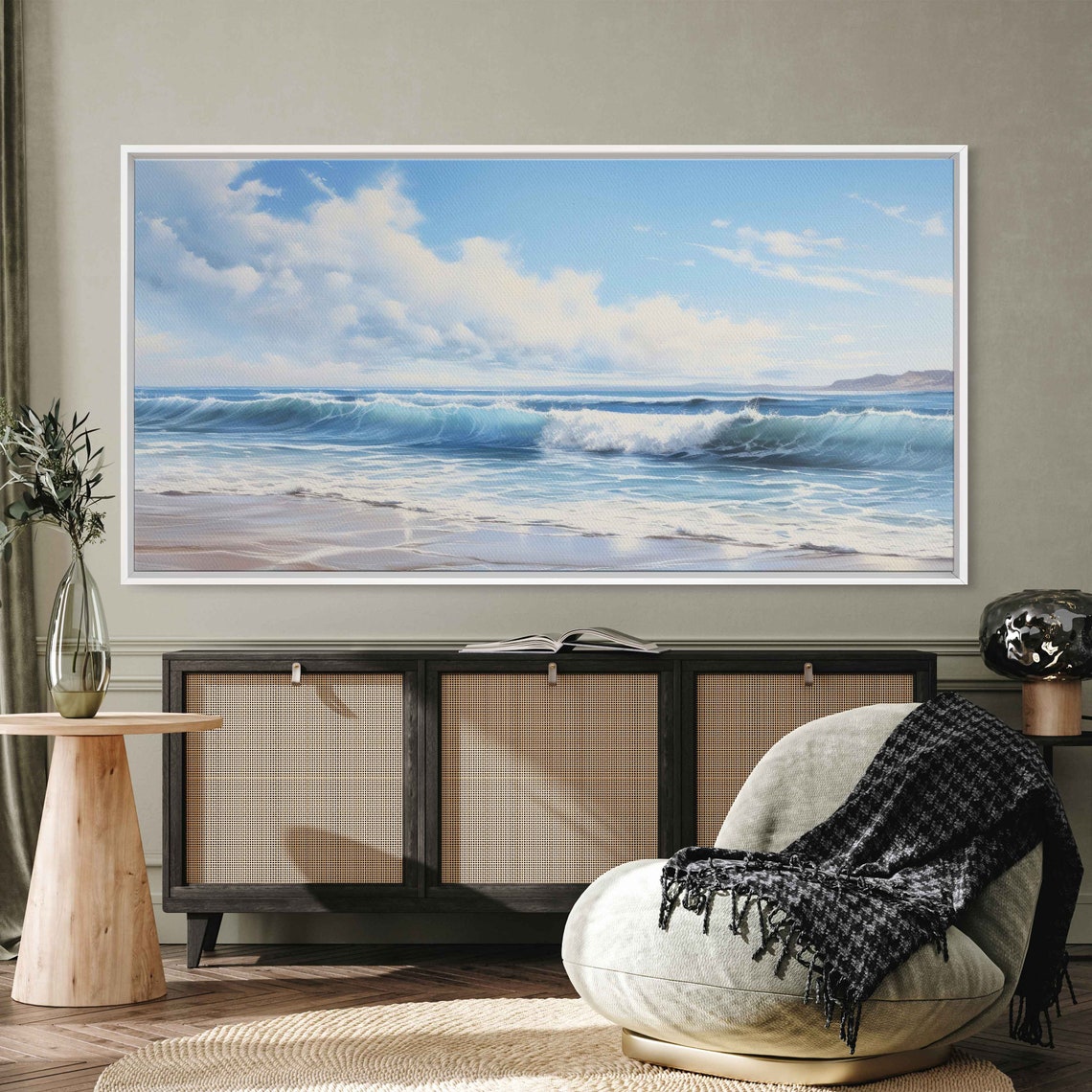 Rolling Ocean Waves Sandy Beach Bright Blue Sky Seascape Poster - Image 3
