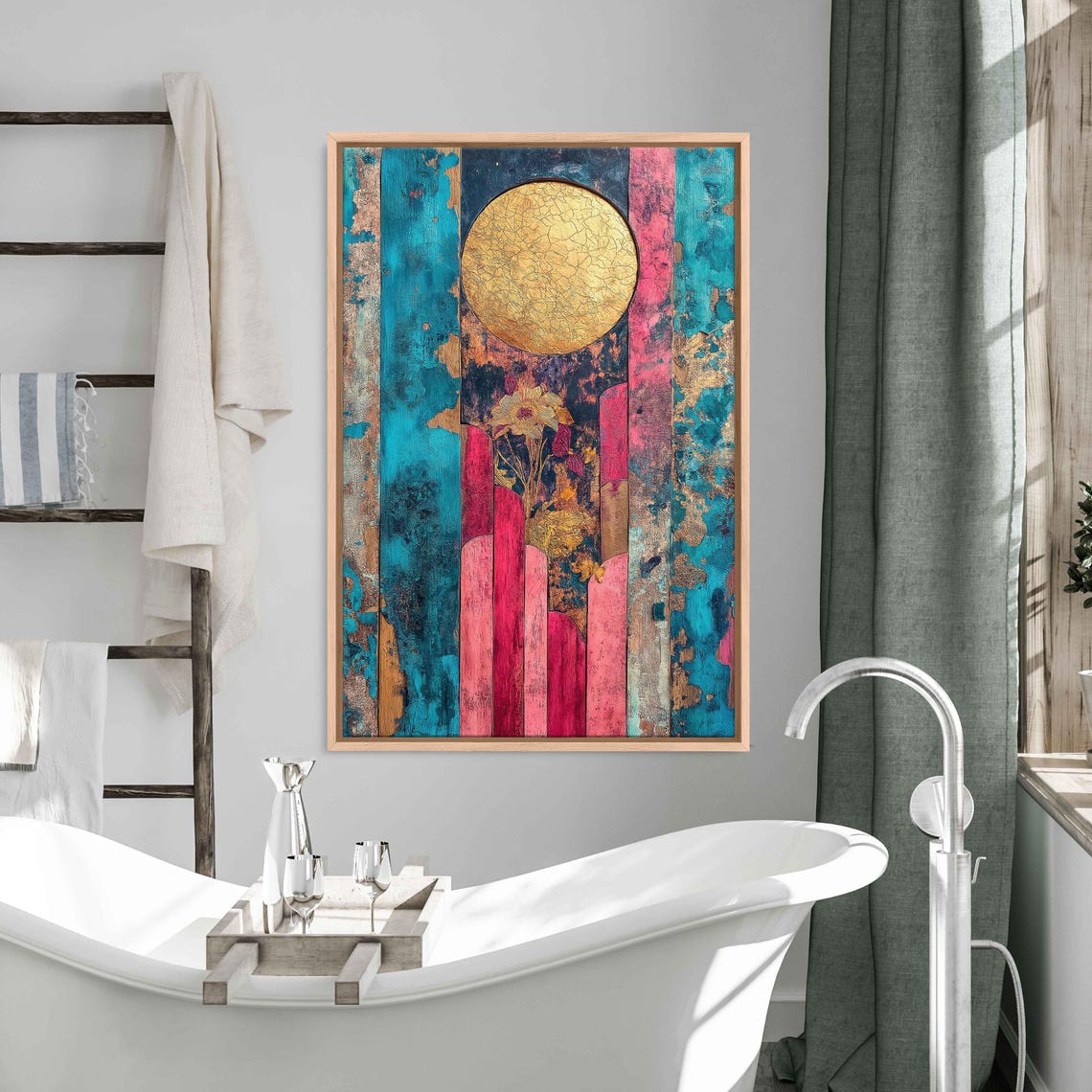 Golden Moon Over Colorful Wooden Planks Abstract Bohemian Art Poster