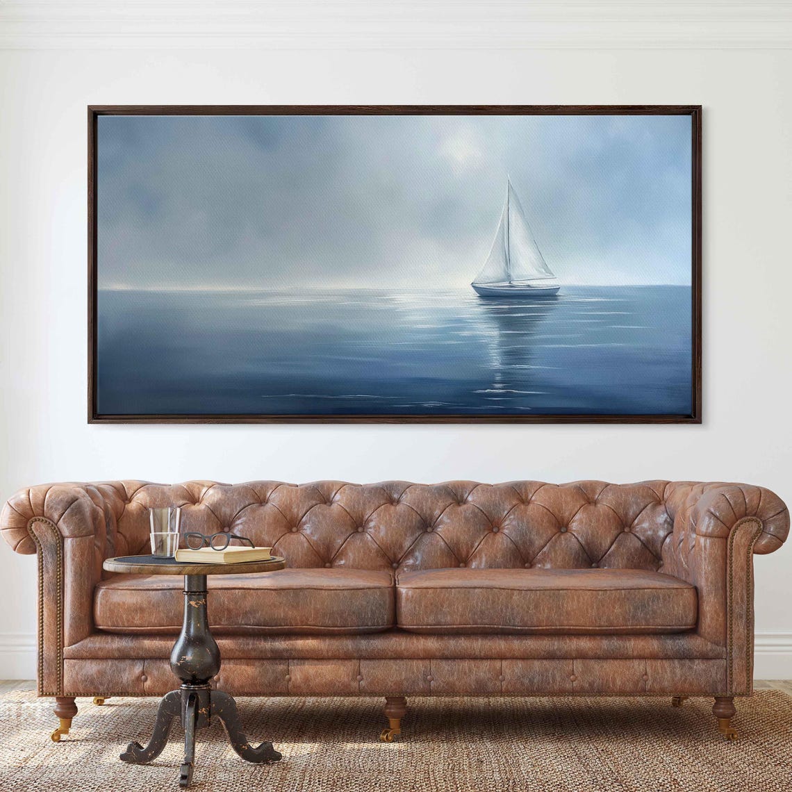 White Sailboat On Calm Blue Sea Soft Hazy Sky Minimalist Poster - Image 3