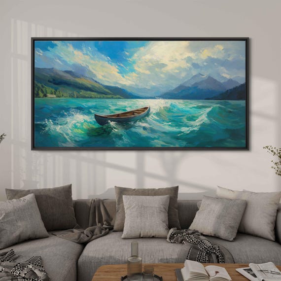 Lone Canoe On A Lively Lake Wall Art Print Dynamic Oil Painting Scenic Landscape