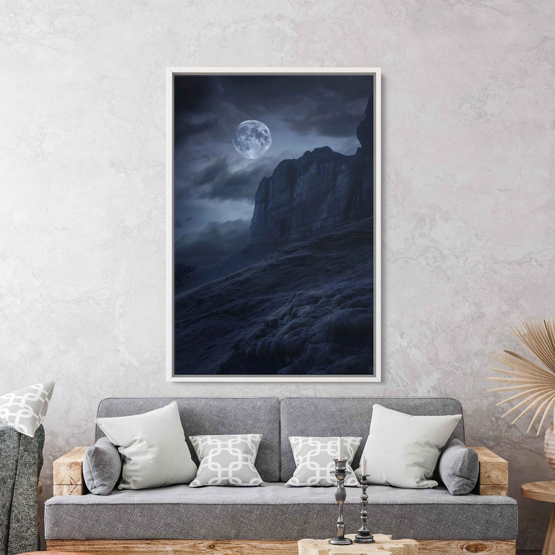 Full Moon Rising Over Dark Rocky Cliff Night Sky Clouds Poster - Image 3