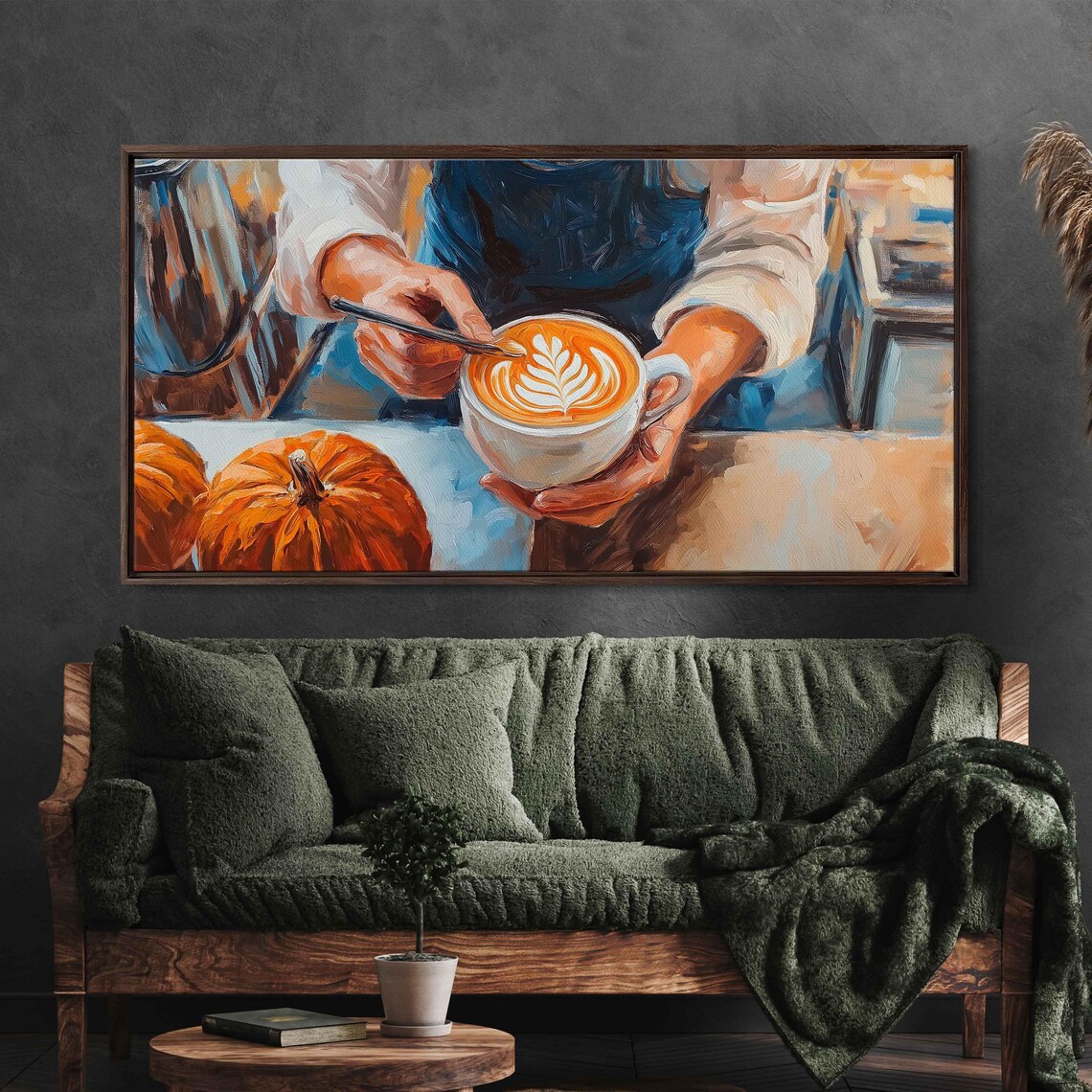 Barista Holding Pumpkin Latte With Leaf Latte Art Impressionistic Coffee Painting