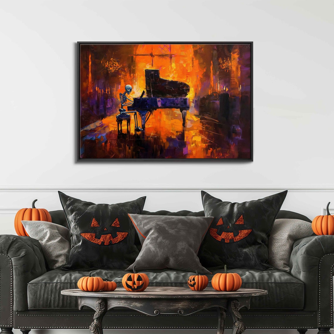 Skeleton Playing Grand Piano Fiery Orange Abstract Music Poster