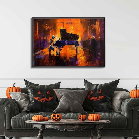 Skeleton Playing Grand Piano Fiery Orange Abstract Music Poster