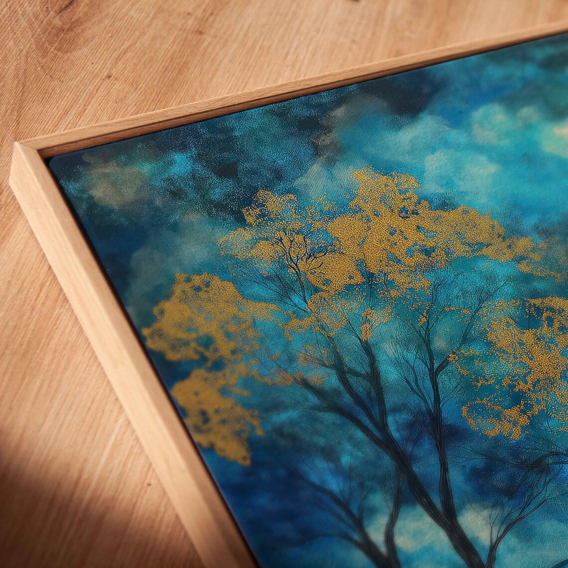 Ethereal Landscape Wall Art Print Shimmering Trees Vibrant Blue And Gold Palette - Image 2