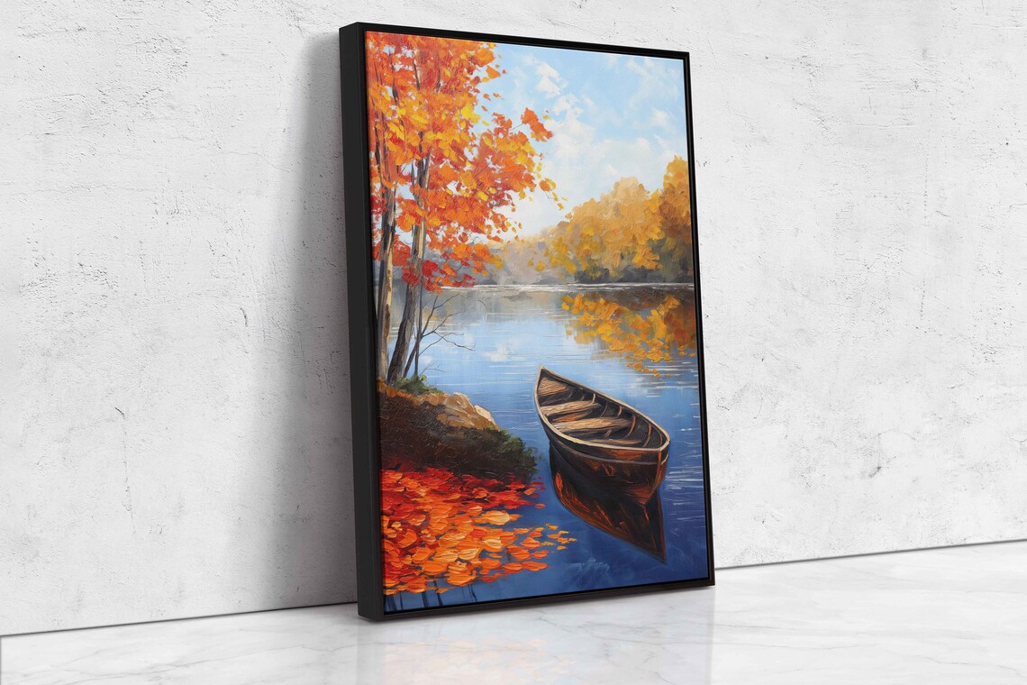 Wooden Canoe Floating On Calm Blue Autumn Lake Painting Poster - Image 4