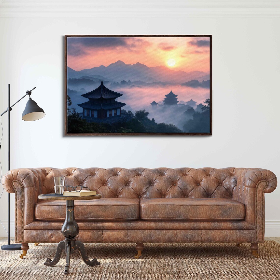 Buddhist Temple At Sunrise, Mist-Covered Mountains