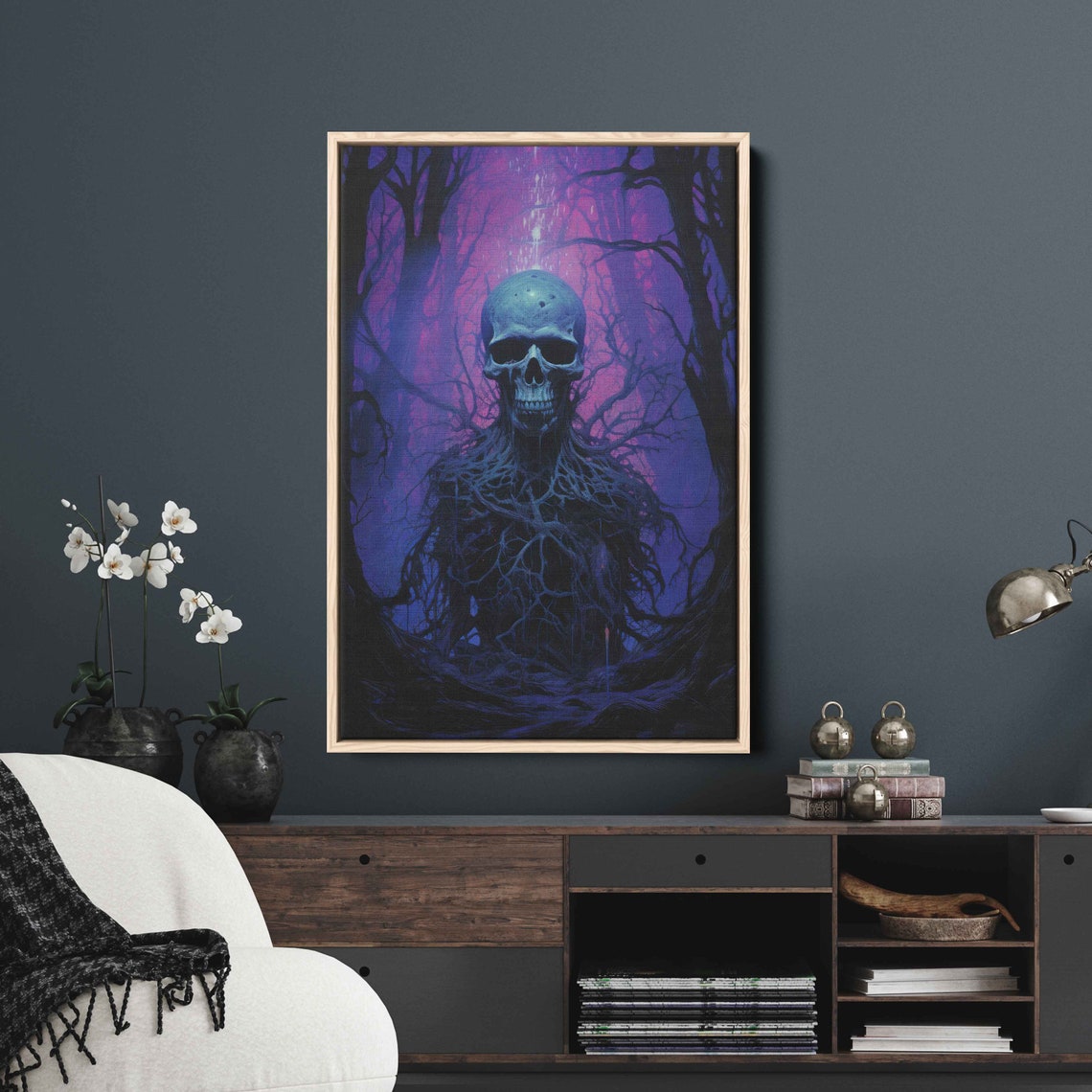 Haunted Skull Emerging From Roots Magenta Forest Halloween Art Poster - Image 3