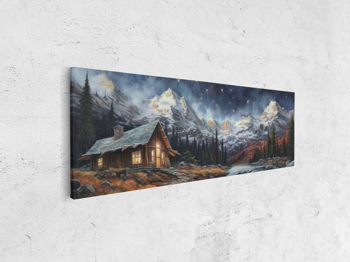 Mountain Cabin by River Starry Night Snowy Peaks Painting Poster - Image 4