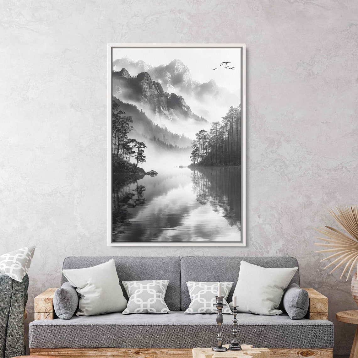Misty Ink Wash Mountain Lake Birds in Flight Black White Serene Poster - Image 3