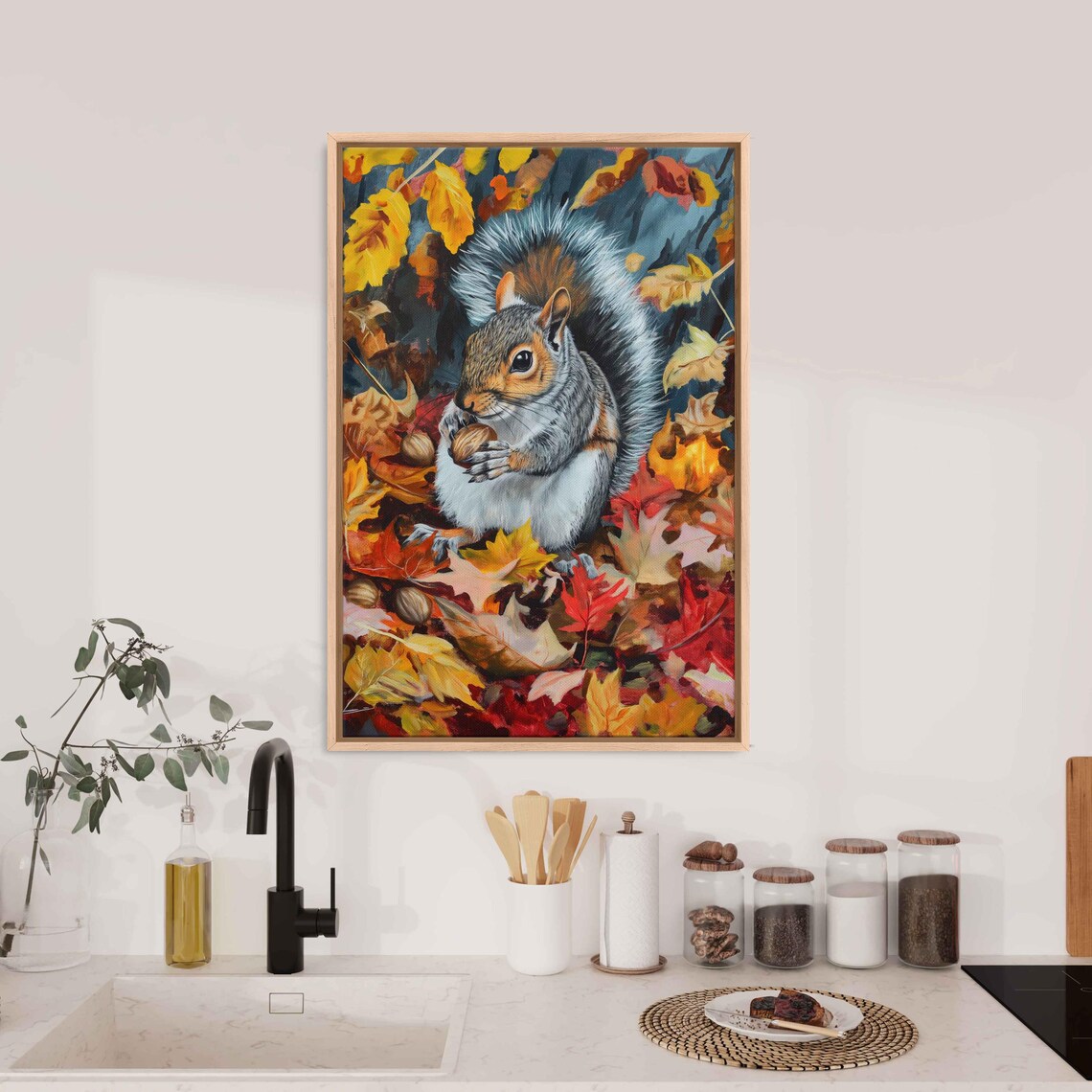 Gray Squirrel Eating Acorns Autumn Leaves Wildlife Wall Poster - Image 3