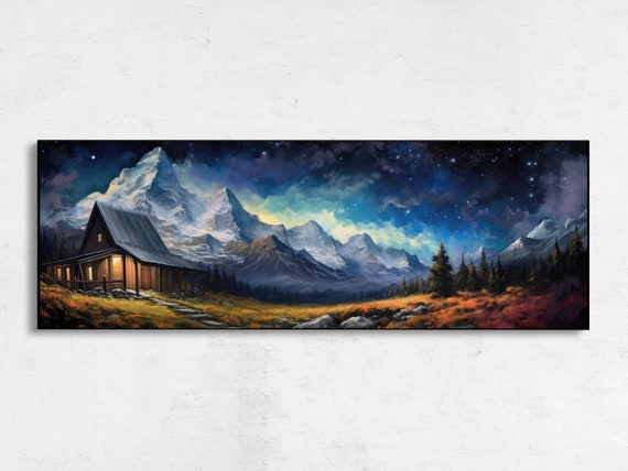 Cabin Starry Night Sky Panoramic Landscape Painting Framed Print Ready To Hang Coloful Night Sky Living Room Decor