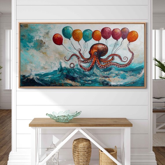 Surreal Octopus With Balloons Wall Art Print Colorful Playful Stormy Sea