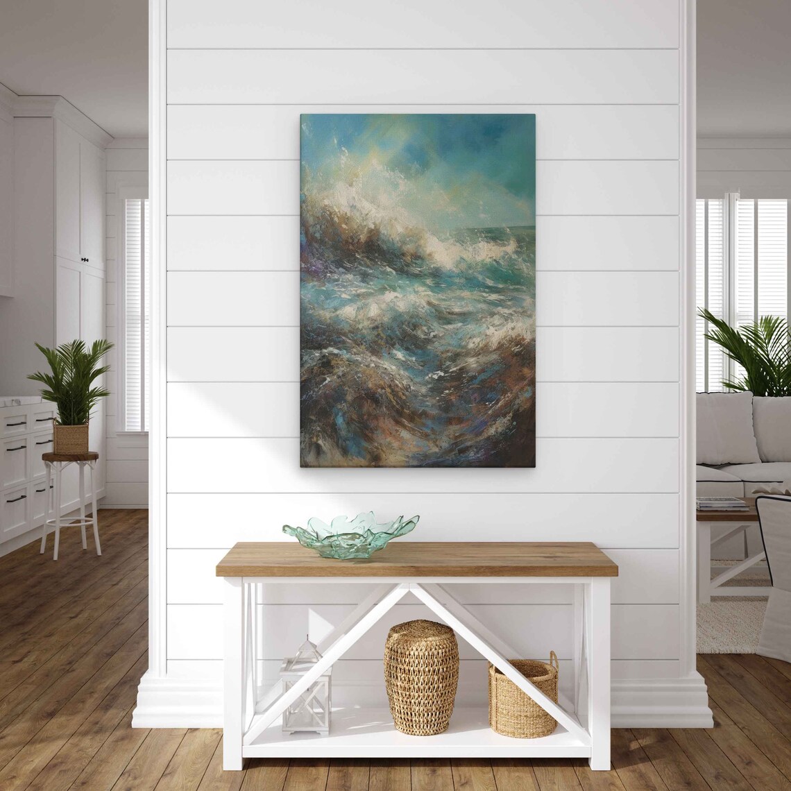 Abstract Crashing Wave Vertical Seascape Gold And Teal Oil Painting Print - Image 2