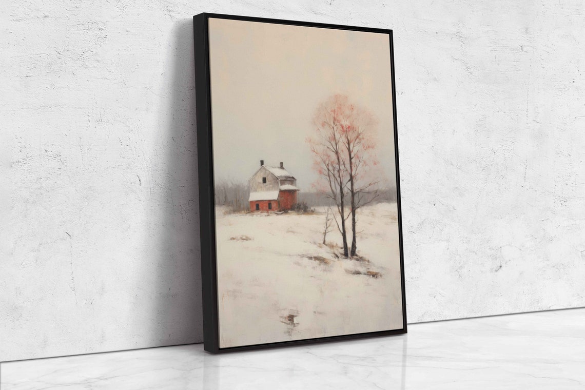 Snowy Winter Farmland Red Barn Minimalist Rural Landscape Snow Print - Image 4