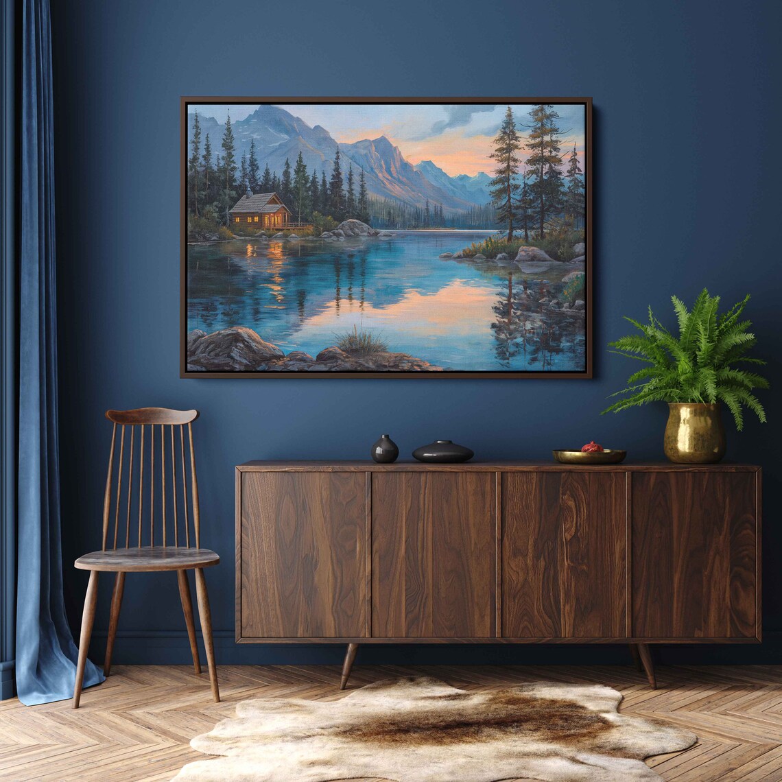 Log Cabin on Mountain Lake at Dusk, Art Print