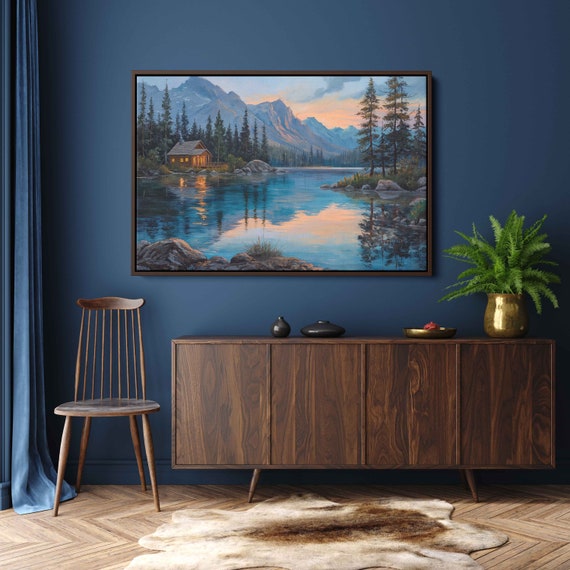 Log Cabin on Mountain Lake at Dusk, Art Print