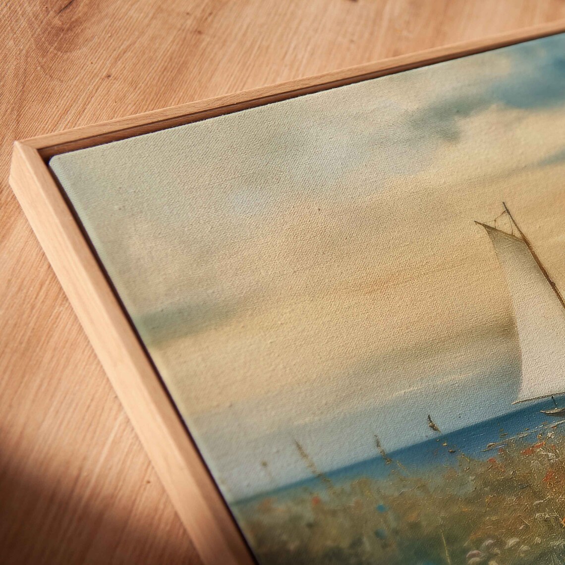 Vintage Sailboat White Sails Marsh Meadow Dramatic Cloudy Sky Painting Poster - Image 2