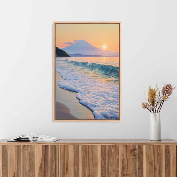 Tranquil Mount Fuji Seascape Wall Art Print Soft Pastel Colors Gentle Waves Calm Sunset