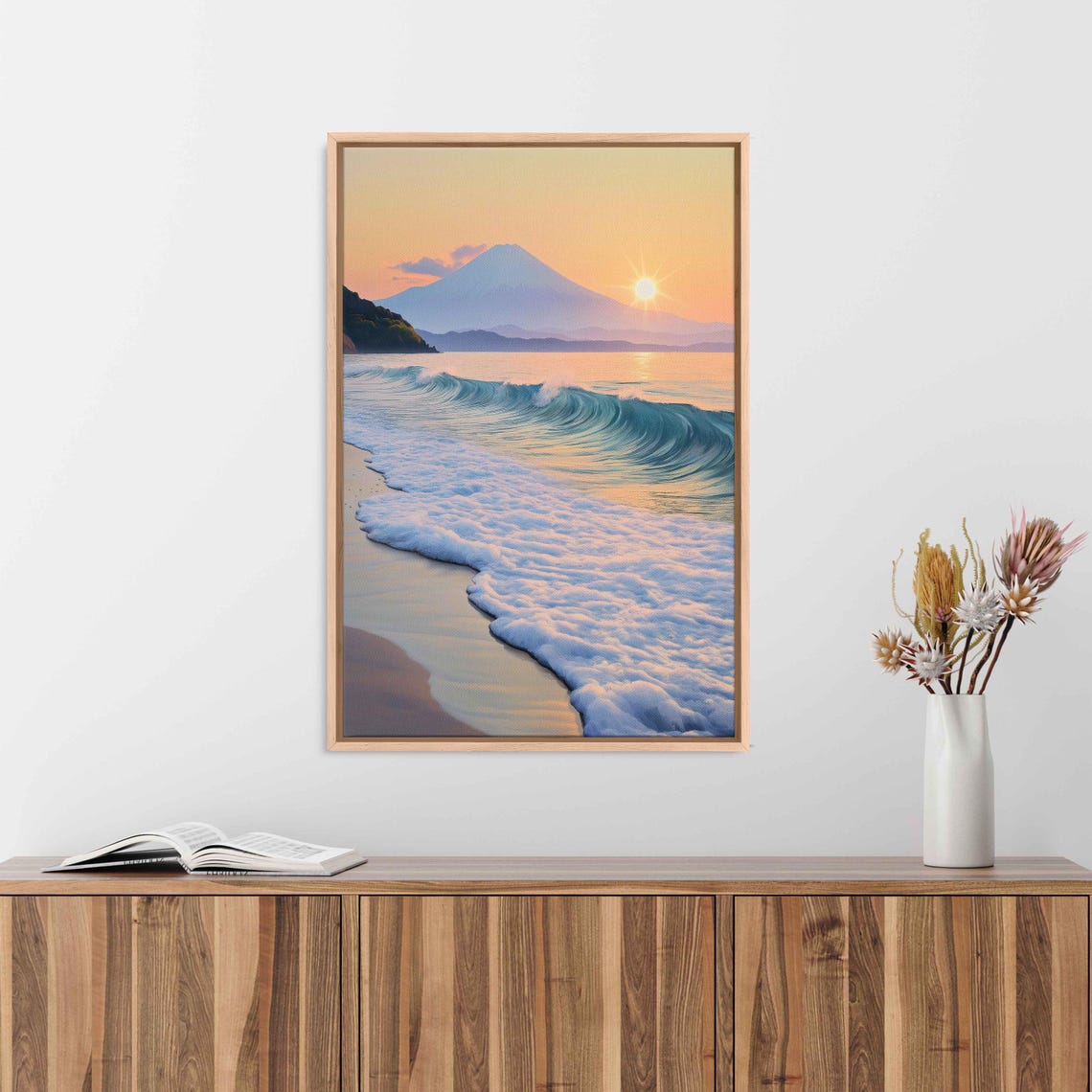 Tranquil Mount Fuji Seascape Wall Art Print Soft Pastel Colors Gentle Waves Calm Sunset