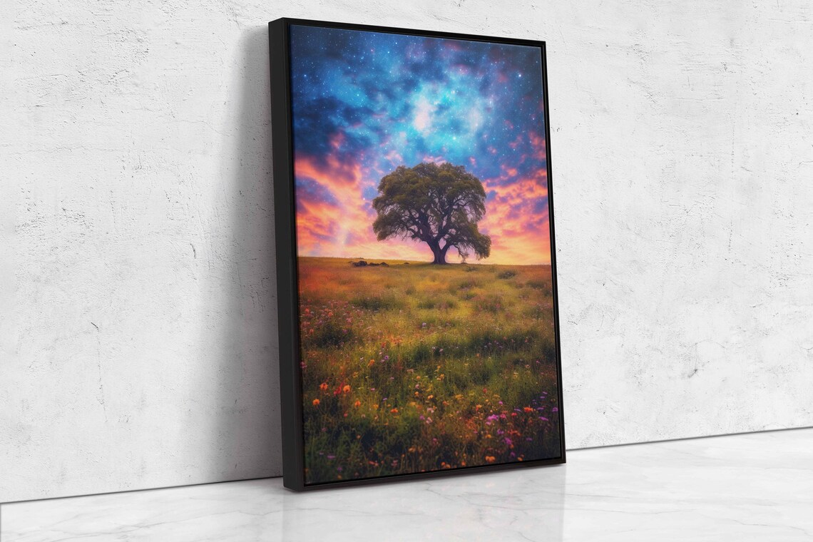 Colorful Ancient Tree In An Open Field Colorful Cloudy Skies Framed Print Ready To Hang - Image 4