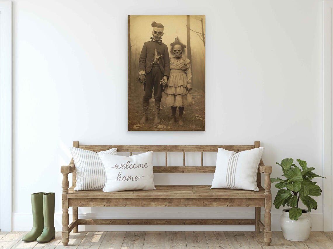 Vintage Halloween Children Skull Costumes Spooky Sepia Photo Print - Image 3