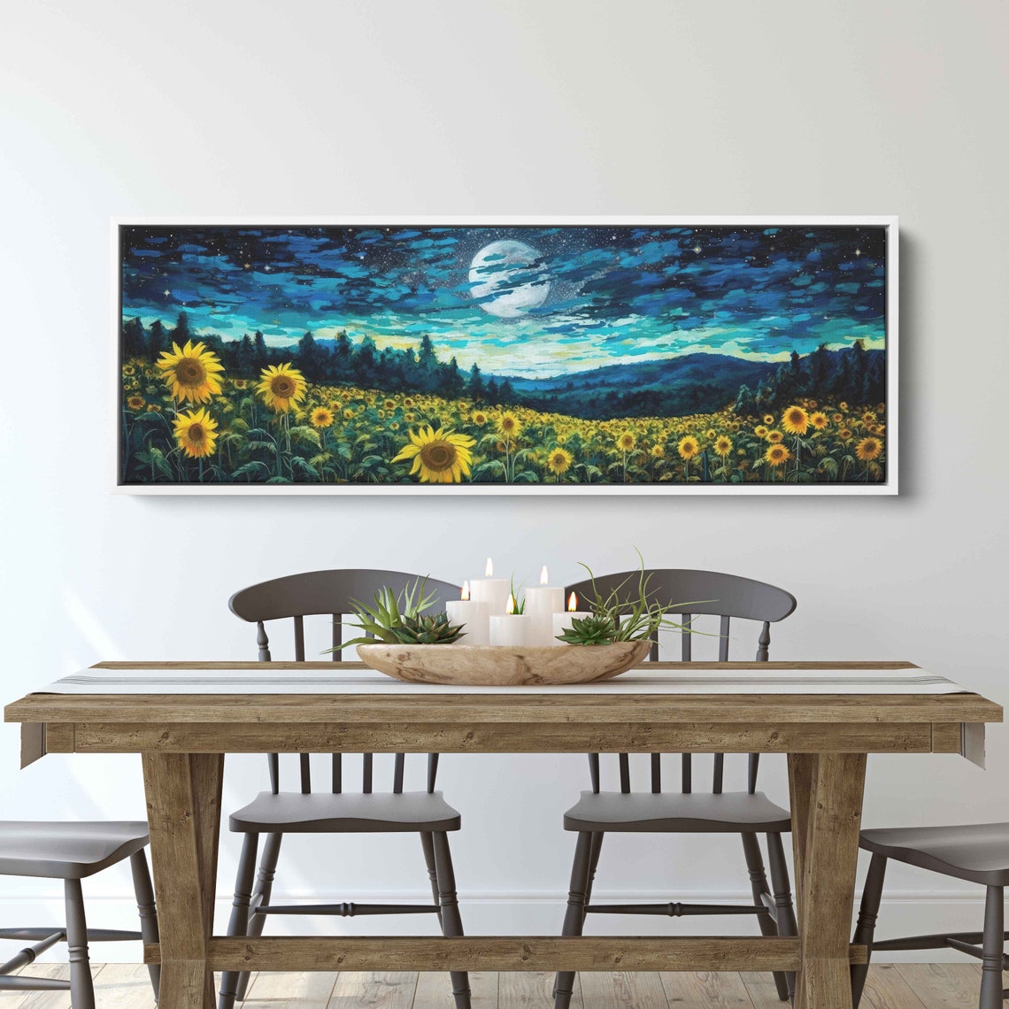Sunflower Field Moonlit Night Sky Panoramic Yellow Bloom Art Poster - Image 2