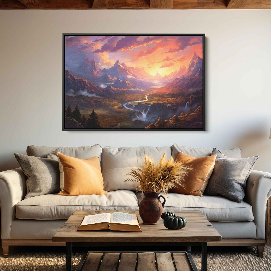 Sprawling Mountain Landscape With River During Sunset Framed Print Ready To Hang - Image 2