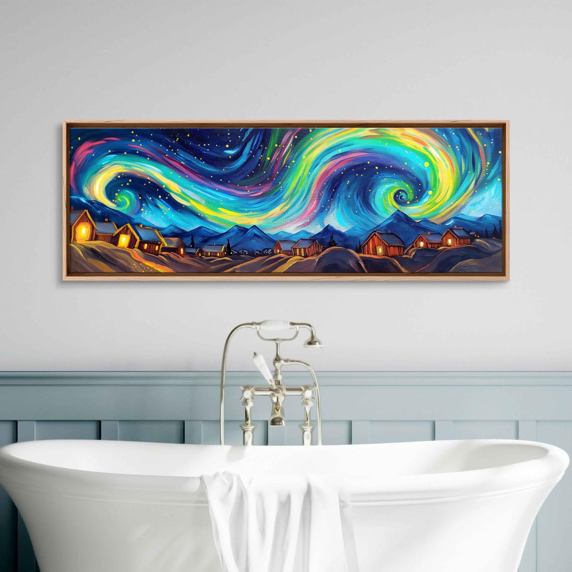 Colorful Swirling Aurora Over Cozy Village Cabins At Night Sky Poster