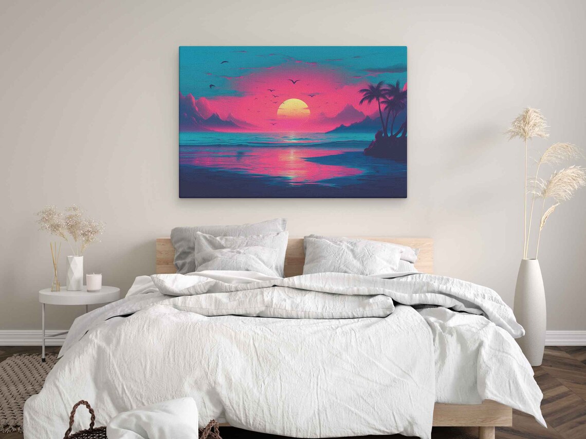 Vaporwave Ocean Sunset With Palms Birds And Pink Sky Retro Wall Art - Image 3