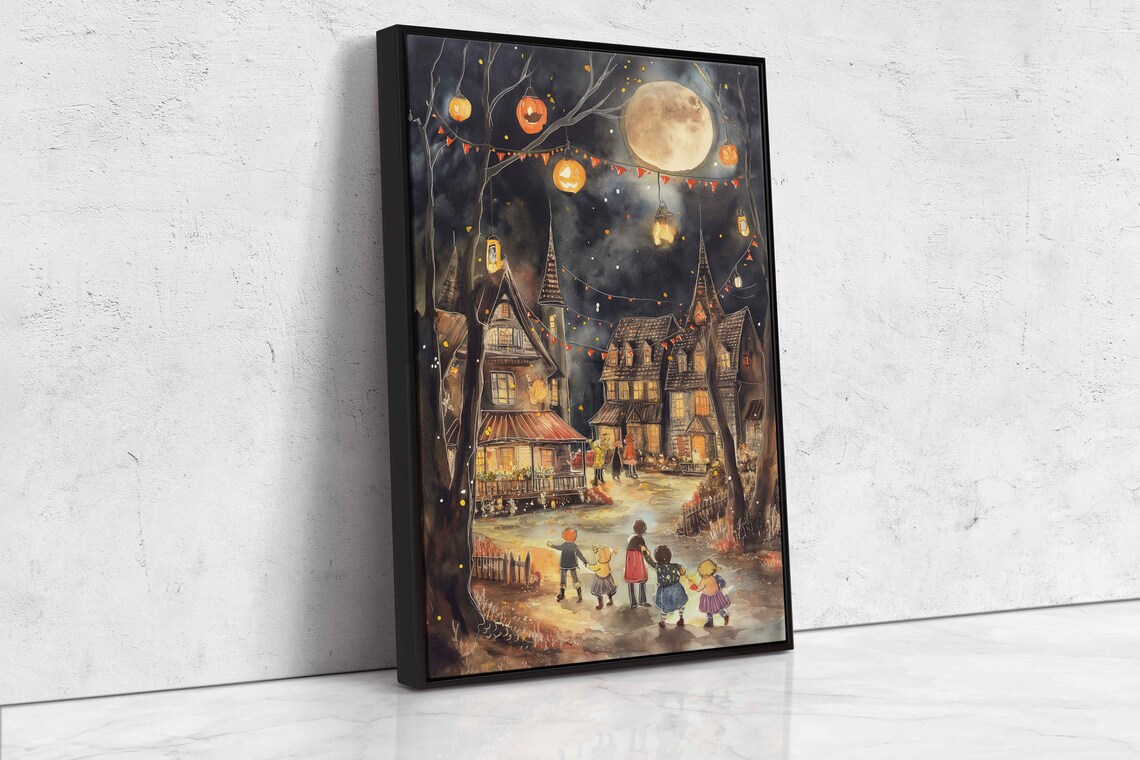 Halloween Village Square Trick Or Treating Under Full Moon Night Sky Wall Art - Image 4