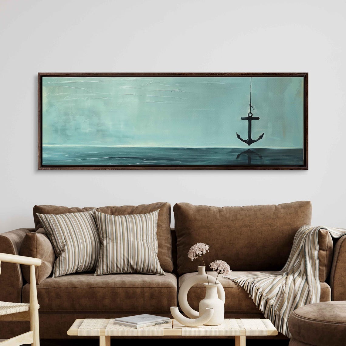 Hanging Anchor Over Tranquil Teal Ocean Minimalist Nautical Wall Art