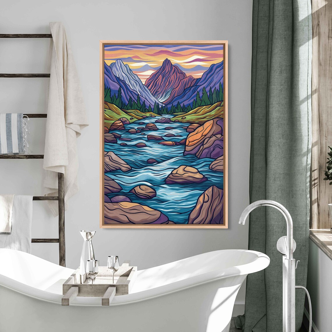 Flowing Rock River Colorful Valley Soothing Sunset Art Framed Print Ready To Hang