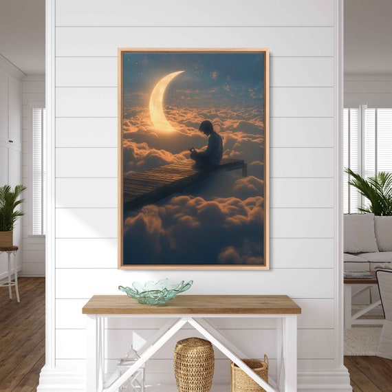Man Sitting On Bridge With Crescent Moon Above Clouds Hyperrealism Photo Wall Art Print Impressionism Ready To Hang
