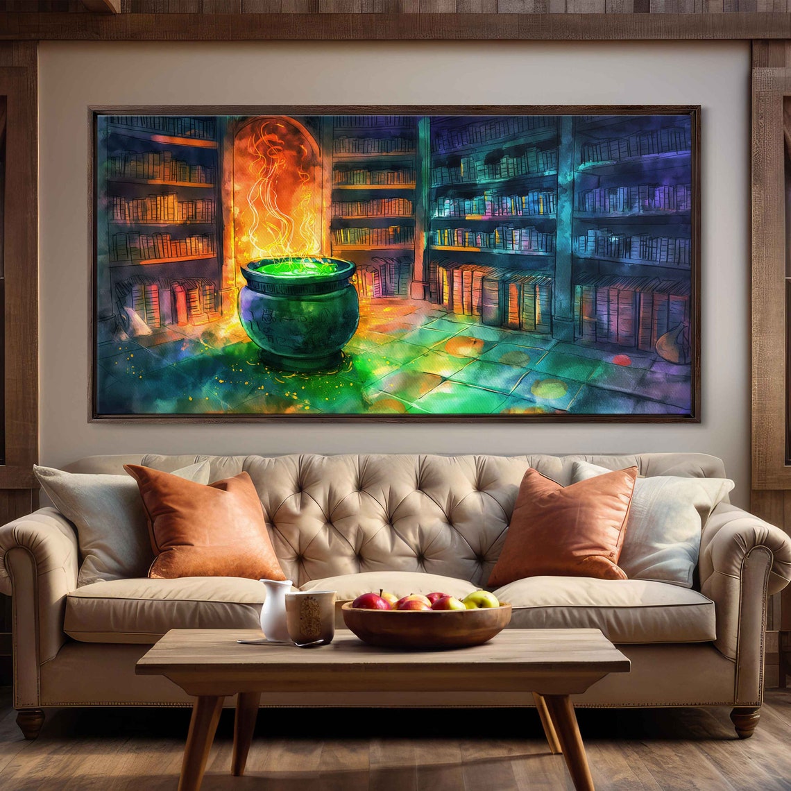 Witches Cauldron Brewing Green Potion Magical Library Watercolor Art - Image 3