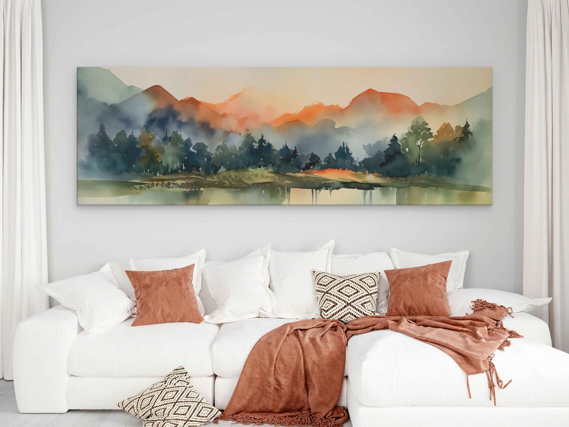 Watercolor Landscape, Forest Mountains and Lake Art Print - Image 2