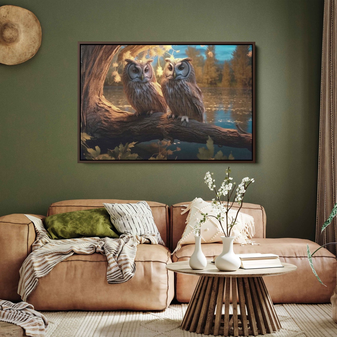 Two Whimsical Owls Perched On Branch By The Lake At Dusk Art Print