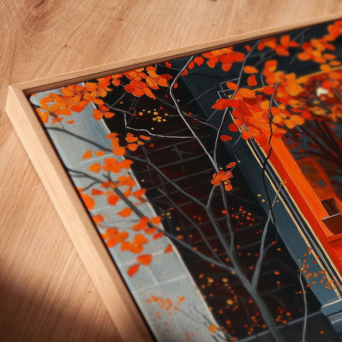 Glowing Coffee Shop Window Dusk Autumn Leaves Orange Light Wall Art - Image 2
