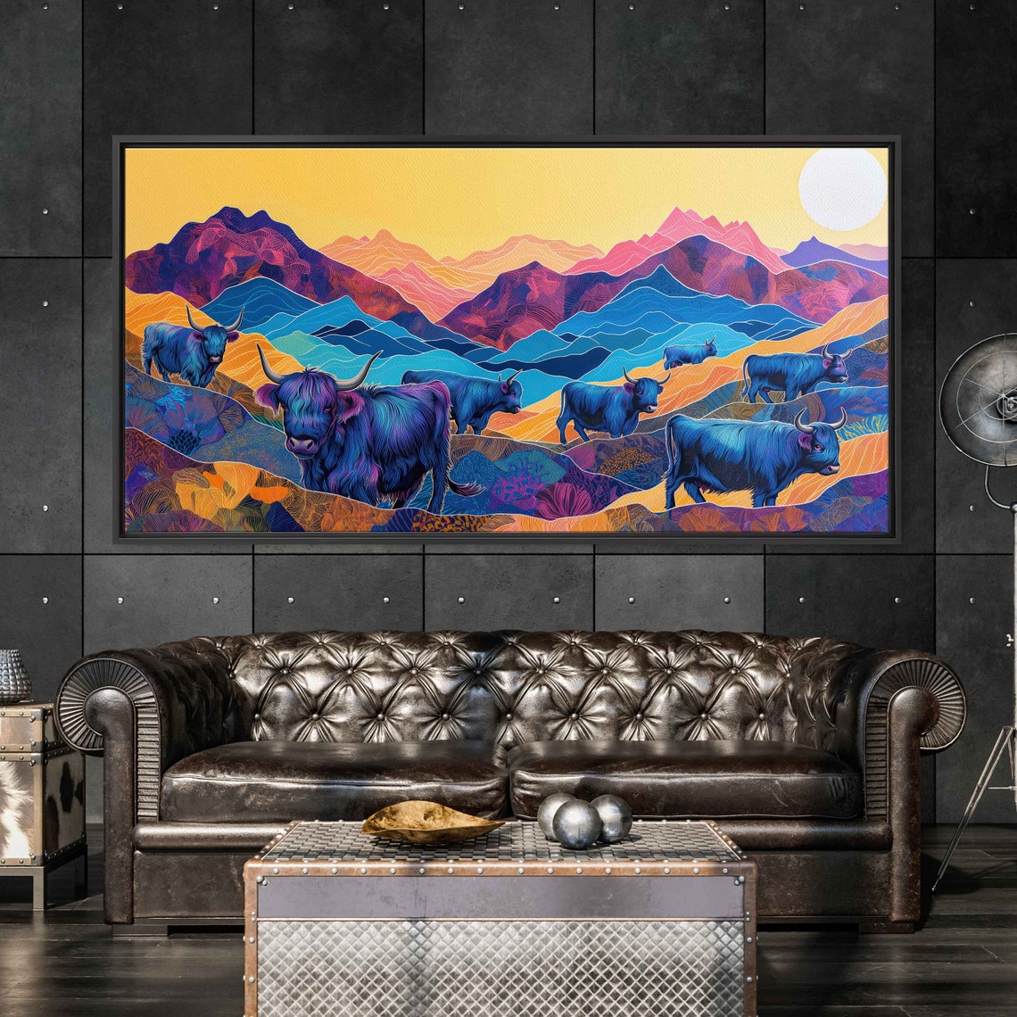 Blue Highland Cattle Sunset Mountains Colorful Folk Art Poster - Image 2